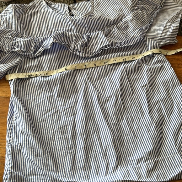 J. Crew Edie Cotton Blue White Pin Stripe Print Pattern Ruffle Blouse Shirt Top - Picture 9 of 13